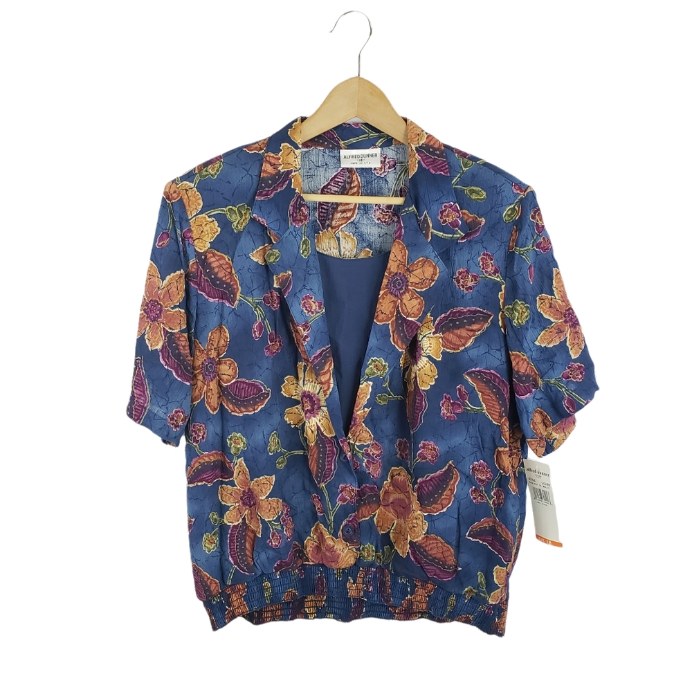 Vintage Alfred Dunner Blue Floral Print V-Neck Shirt Size 18